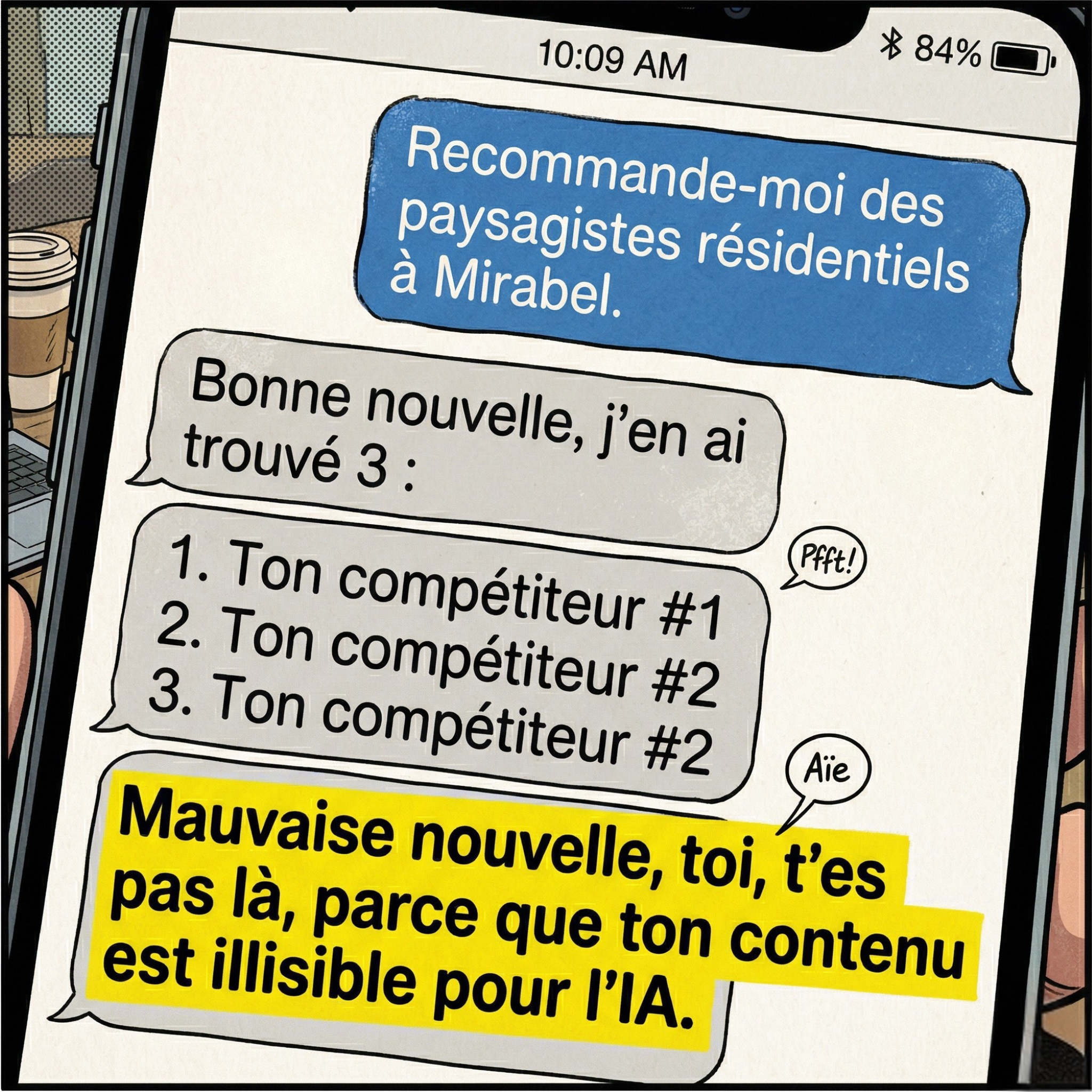 Illustration humoristique d'une conversation avec une IA qui recommande des compétiteurs en paysagement à Mirabel, sans mentionner votre entreprise